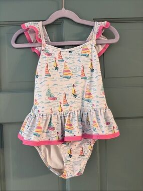Preppy Girls' Pink Trim Sailboat One-Piece Swimsuit with bow back Size 6
